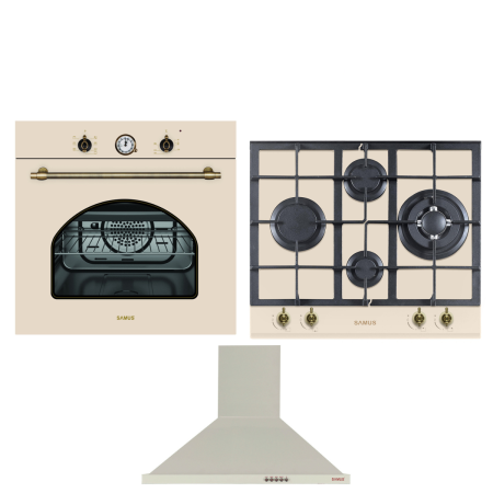 Pachete Incorporabile - Pachet incorporabil rustic, Cuptor electric 56 litri, 7 functii, putere 2200W, clasa A, Plita incorporabila, sticla, 58 cm, gratare fonta, Hota traditionala, 1 motor, 3 viteze, 60 cm, Beige, SAMUS