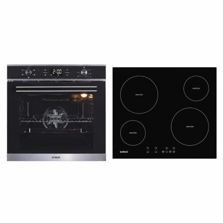 Electrocasnice mari - Pachet Incorporabil SAMUS PSI-64BG8 + SC625GDX5, Plită Inducție 4 Zone 7000 W, Touch, Boost + Cuptor 75 L, Clasa A, 5 Funcții, Grill, Negru/Inox.