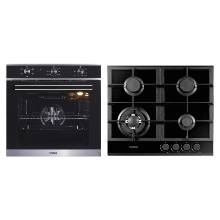 Pachete Incorporabile - Pachet Incorporabil SAMUS SC623GX5 + PSG-64SG1, Cuptor 75 L, Clasa A, 5 Funcții, Grill, Ventilație + Plită Gaz 4 Arzătoare, WOK 3,4 kW, Fontă, Negru/Inox.