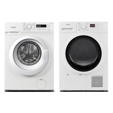 Casa & Gradina - Pachet Masina de spalat automata, 8 kg, slim, 1400 Rpm + Uscator de rufe, capacitate 8 kg, 16 programe, Alb, SAMUS