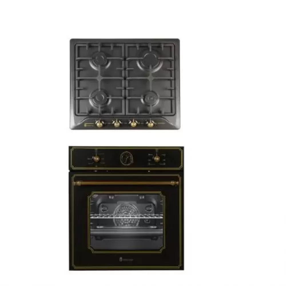 Pachete Incorporabile - Pachet rustic incorporabil, Cuptor electric 6 functii, 52 L, ventilatie, clasa A, timer, Plita rustica, 60 cm, email, 4 arzatoare, Studio Casa Toscana Black Rustic