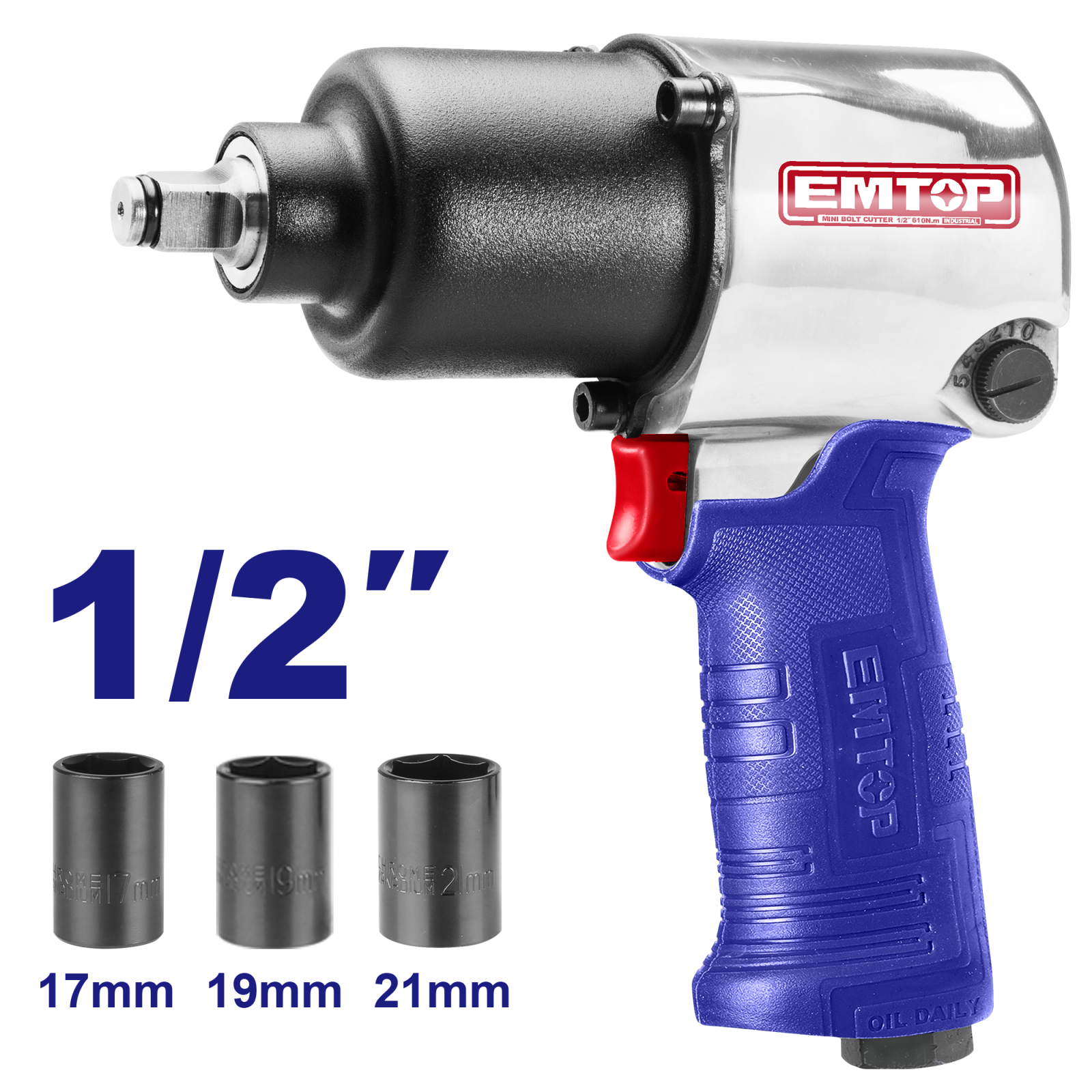 Compresoare - Pistol impact, pneumatic, 610Nm, 3 capete (17mm,19mm,21mm), 6.2 bar, EMTOP