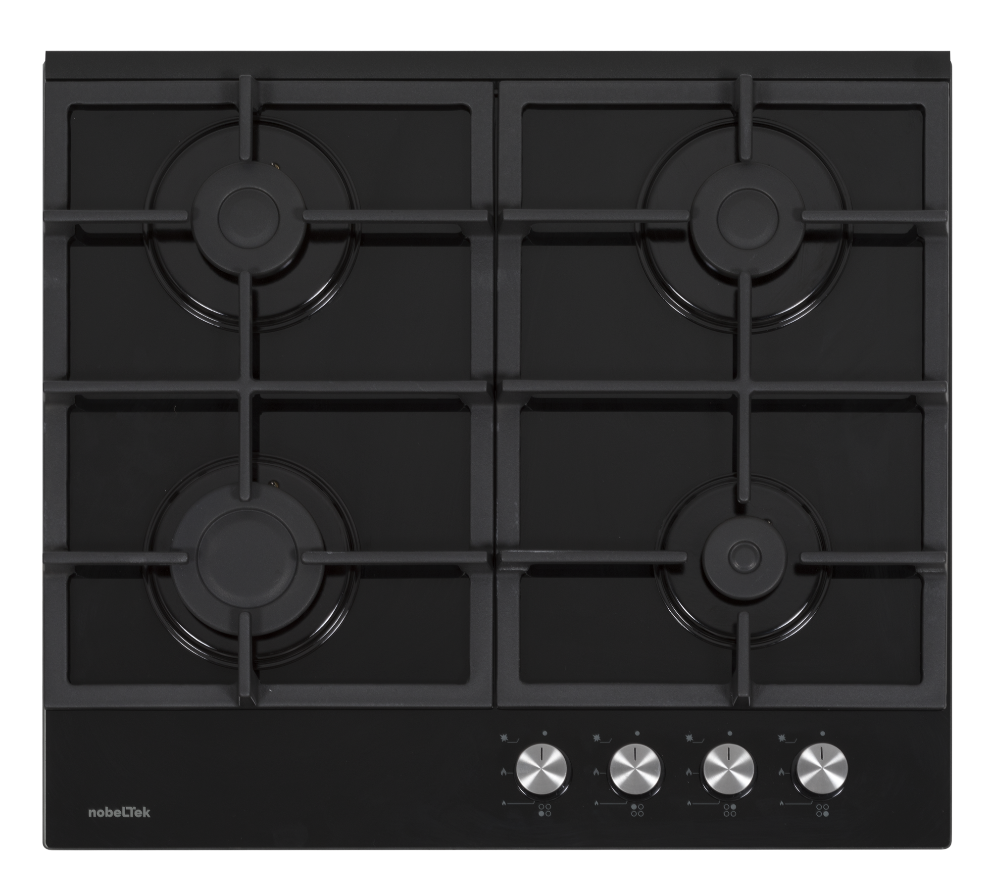 Plite pe gaz - Plita incorporabila, 4 arzatoare gaz, sticla neagra, aprindere electrica, gratare fonta, negru, NOBELTEK
