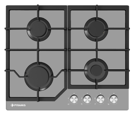 Aragazuri & Plite - Plita incorporabila, 4 arzatoare, kit GPL, gratare fonta, sticla Gri, aprindere electrica, valve siguranta, PYRAMIS