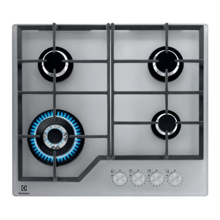 Plite pe gaz - Plită incorporabilă Electrolux KGG64362S, Gaz pe Sticlă, 4 Arzătoare, WOK, StepPower 9 Trepte, Speed Burner, Grătare Fontă, 60 cm, Argintiu.