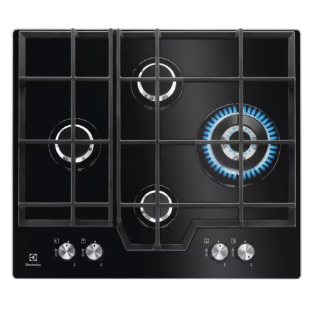 Plite pe gaz - Plită incorporabilă Electrolux KGG6456K, Gaz pe Sticlă, 4 Arzătoare, WOK 4 kW, Speed Burner, Aprindere Electrică, Grătare Fontă, 60 cm, Negru.