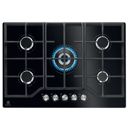 Casa & Gradina - Plită incorporabilă Electrolux KGG75362K, Gaz pe Sticlă, 5 Arzătoare, WOK 3,9 kW, StepPower 9 Trepte, Speed Burner, Grătare Fontă, 75 cm, Negru.
