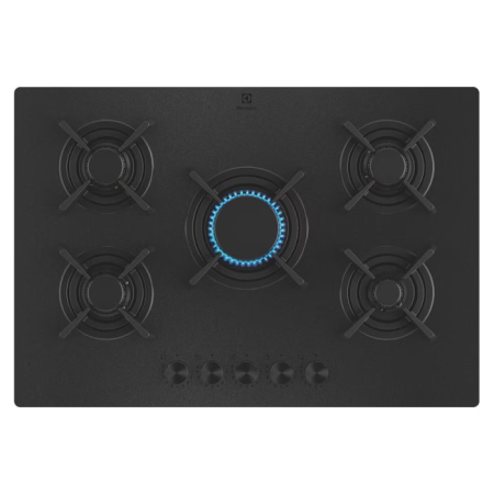 Plite pe gaz - Plită incorporabilă Electrolux KGG753723L, Gaz pe Sticlă, 5 Zone, WOK, StepPower 9 Trepte, Flacără Verticală, Grătare Fontă, 75 cm, Negru Mat.