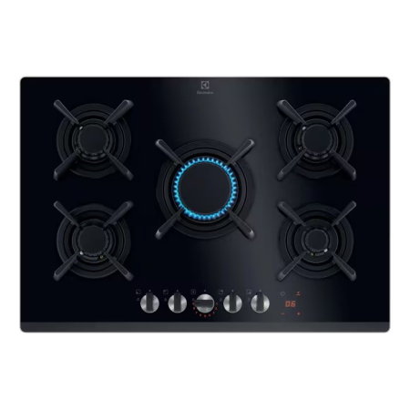 Plite pe gaz - Plită incorporabilă Electrolux KGG753753K, Gaz pe Sticlă, 5 Arzătoare, WOK, FlameLight, StepPower, Hob2Hood, Timer, Grătare Fontă, 75 cm, Negru.
