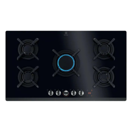 Plite pe gaz - Plită incorporabilă Electrolux KGG953753K, Gaz pe Sticlă, 5 Arzătoare, WOK, FlameLight, StepPower, Hob2Hood, Grătare Fontă, 90 cm, Negru.