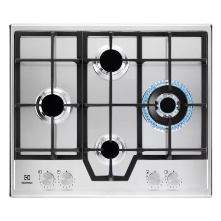 Casa & Gradina - Plită incorporabilă Electrolux KGS64562SX, Gaz, 4 Arzătoare, WOK 4 kW, StepPower 9 Trepte, Speed Burner, Grătare Fontă, 60 cm, Inox.