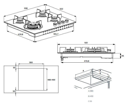 Plita incorporabila pe gaz, 4 arzatoare, 60 cm, aprindere electrica, Inox, BEKO [6]