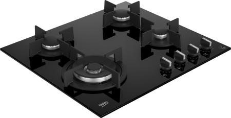 Plita incorporabila pe gaz, 4 arzatoare, aprindere electrica, gratare fonta, 60 cm, sticla neagra, WOK, Negru, BEKO [2]