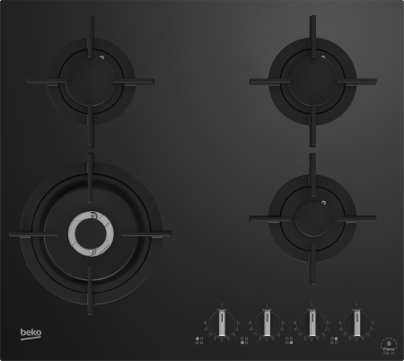 Casa & Gradina - Plita incorporabila pe gaz, 4 arzatoare, aprindere electrica, gratare fonta, 60 cm, sticla neagra, WOK, Negru, BEKO