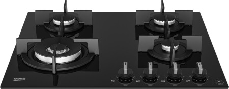 Plita incorporabila pe gaz, 4 arzatoare, aprindere electrica, gratare fonta, 60 cm, sticla neagra, WOK, Negru, BEKO [1]