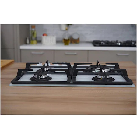 Plita incorporabila pe gaz, 4 arzatoare, aprindere electrica, gratare fonta, sticla alba, WOK, Alb, BEKO [2]