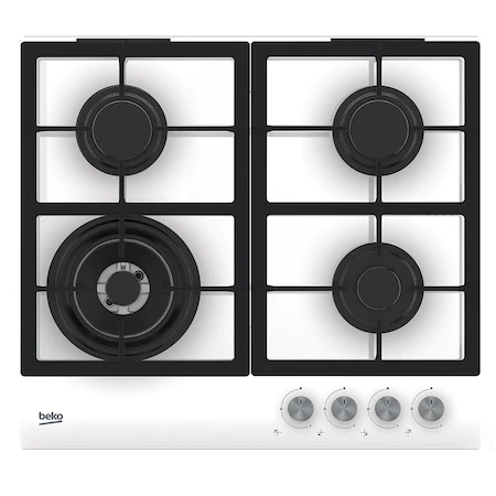 Plite pe gaz - Plita incorporabila pe gaz, 4 arzatoare, aprindere electrica, gratare fonta, sticla alba, WOK, Alb, BEKO