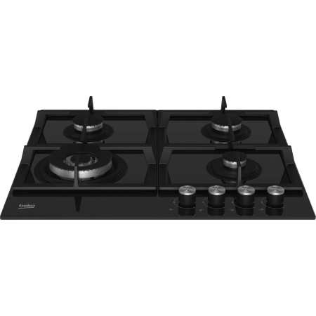 Plita incorporabila pe gaz, 4 arzatoare, aprindere electrica, gratare fonta, sticla neagra, WOK, Negru, BEKO [2]