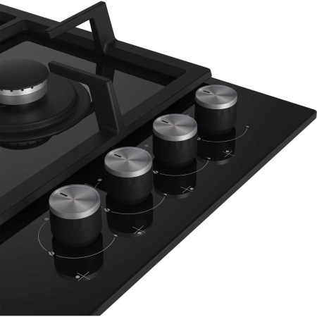Plita incorporabila pe gaz, 4 arzatoare, aprindere electrica, gratare fonta, sticla neagra, WOK, Negru, BEKO [1]