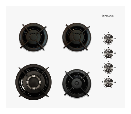 Aragazuri & Plite - Plita incorporabila pe gaz, 4 arzatoare, aprindere electrica, sticla alba, kit GPL, gratare fonta, Alb, PYRAMIS