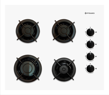 Plita incorporabila pe gaz, 4 arzatoare, aprindere electrica, sticla alba, kit GPL, gratare fonta, butoane negre, Alb, PYRAMIS [1]