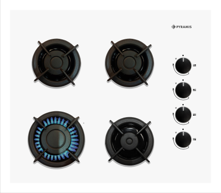 Aragazuri & Plite - Plita incorporabila pe gaz, 4 arzatoare, aprindere electrica, sticla alba, kit GPL, gratare fonta, butoane negre, Alb, PYRAMIS