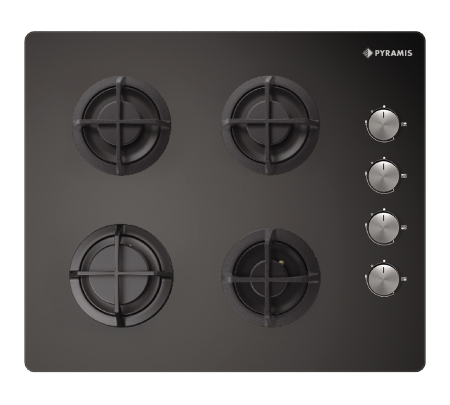 Aragazuri & Plite - Plita incorporabila pe gaz, 4 arzatoare, kit GPL, sticla neagra, aprindere electrica, gratare fonta, butoane argintii, negru, PYRAMIS