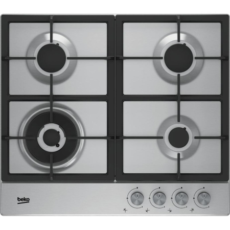 Casa & Gradina - Plita incorporabila pe gaz, 4 arzatoare, WOK, 60 cm, aprindere electrica, gratare fonta, Inox, BEKO