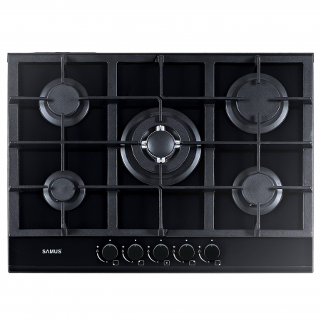 Aragazuri & Plite - Plita incorporabila pe gaz, 5 arzatoare, sticla neagra, aprindere electrica, gratare din fonta, Samus