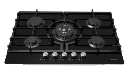 Plita incorporabila pe gaz, sticla, 5 ochiuri, aprindere electrica, gratare fonta, negru, Heinner [2]