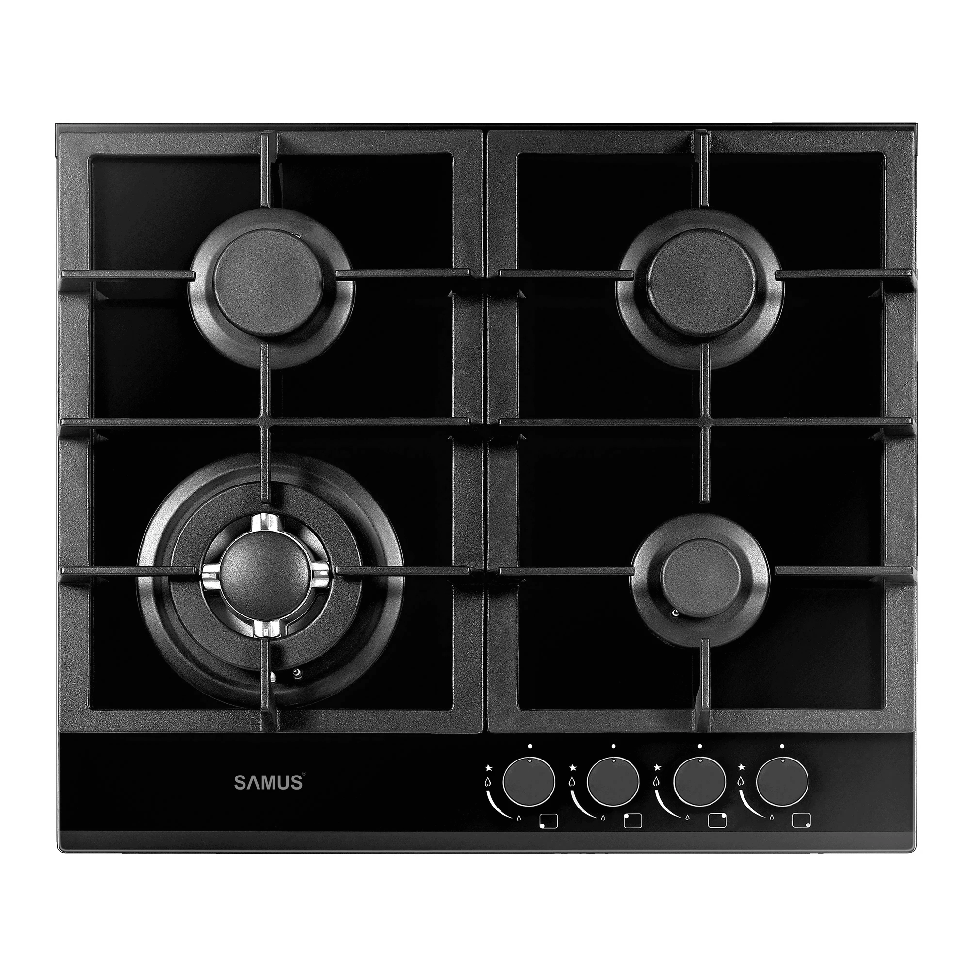 Aragazuri & Plite - Plita incorporabila pe gaz, sticla neagra, gratare din fonta, 4 arzatoare, arzator Wok, aprindere electrica, Samus
