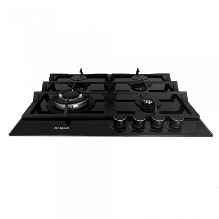 Plita incorporabila pe gaz, sticla neagra, gratare din fonta, 4 arzatoare, arzator Wok, aprindere electrica, Samus [2]