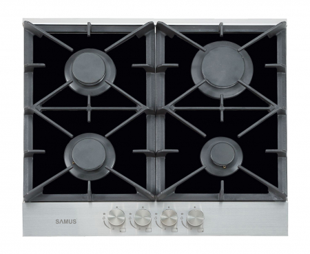 Aragazuri & Plite - Plita incorporabila pe gaz, sticla neagra, INOX, 4 araztoare, gratare din fonta, aprindere electrica, Samus