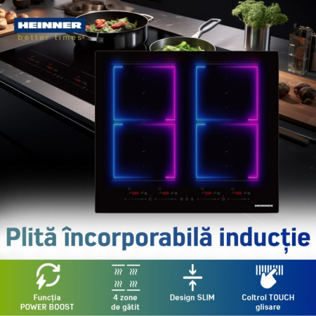 Plita incorporabila pe inductie, 4 zone, oprire automata, slim, timer, Boost, 7400 W, control touch, 59 x 52 cm, negru, HEINNER [4]