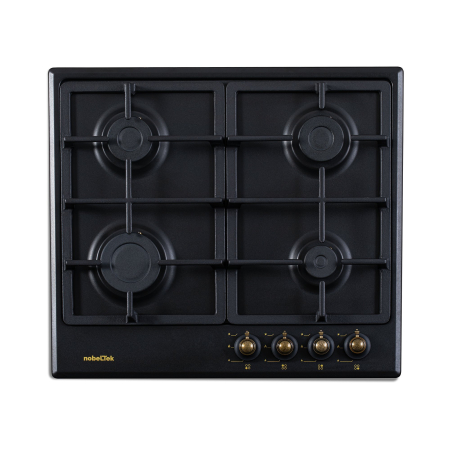 Plite pe gaz - Plita incorporabila, rustica, 4 arzatoare gaz, aprindere electrica, gratare fonta, negru, NOBELTEK