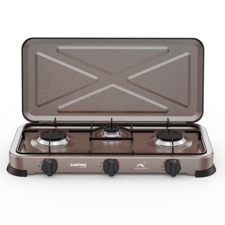 Casa & Gradina - Plita pe gaz GPL, 3 arzatoare, capac metalic, emailata, Maro, ALBATROS
