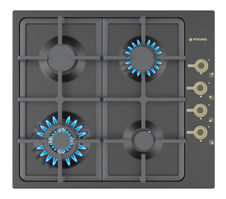 Aragazuri & Plite - Plita rustica incorporabila, 4 arzatoare, aprindere electrica, gratare fonta, kit GPL, Antracit, PYRAMIS