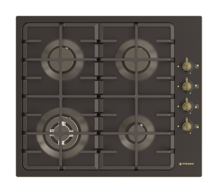 Aragazuri & Plite - Plita rustica incorporabila, 4 arzatoare, aprindere electrica, gratare fonta, kit GPL, WOK coroana tripla, Negru, PYRAMIS