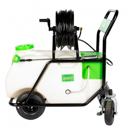 Pompa de stropit, pulverizator pe roti, bazin 90L, acumulator 12V, 7 bar, furtun 50m, regulator presiune, Micul Fermier [1]