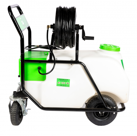 Pompe de stropit - Pompa de stropit, pulverizator pe roti, bazin 90L, acumulator 12V, 7 bar, furtun 50m, regulator presiune, Micul Fermier