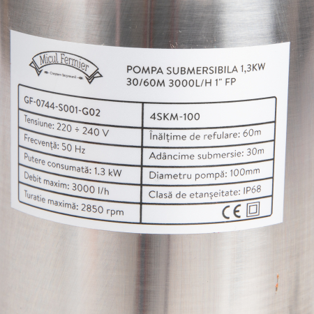 Pompa submersibila, adancime, 1,3kW, 30m adancime, refulare 60m,  3000l/h, 1", Micul Fermier GF-0744-S001-G02 [6]