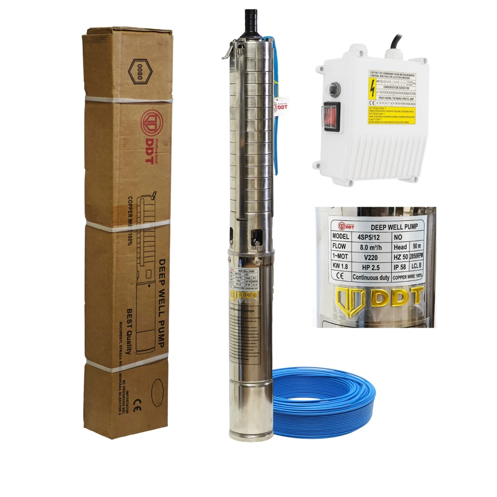 Pompa submersibila, adancime, 12 turbine inox, 1800W, panou control, 8 mc/h, refulare 90m, rezistenta la nisip, Inox, DDT Profesional [1]