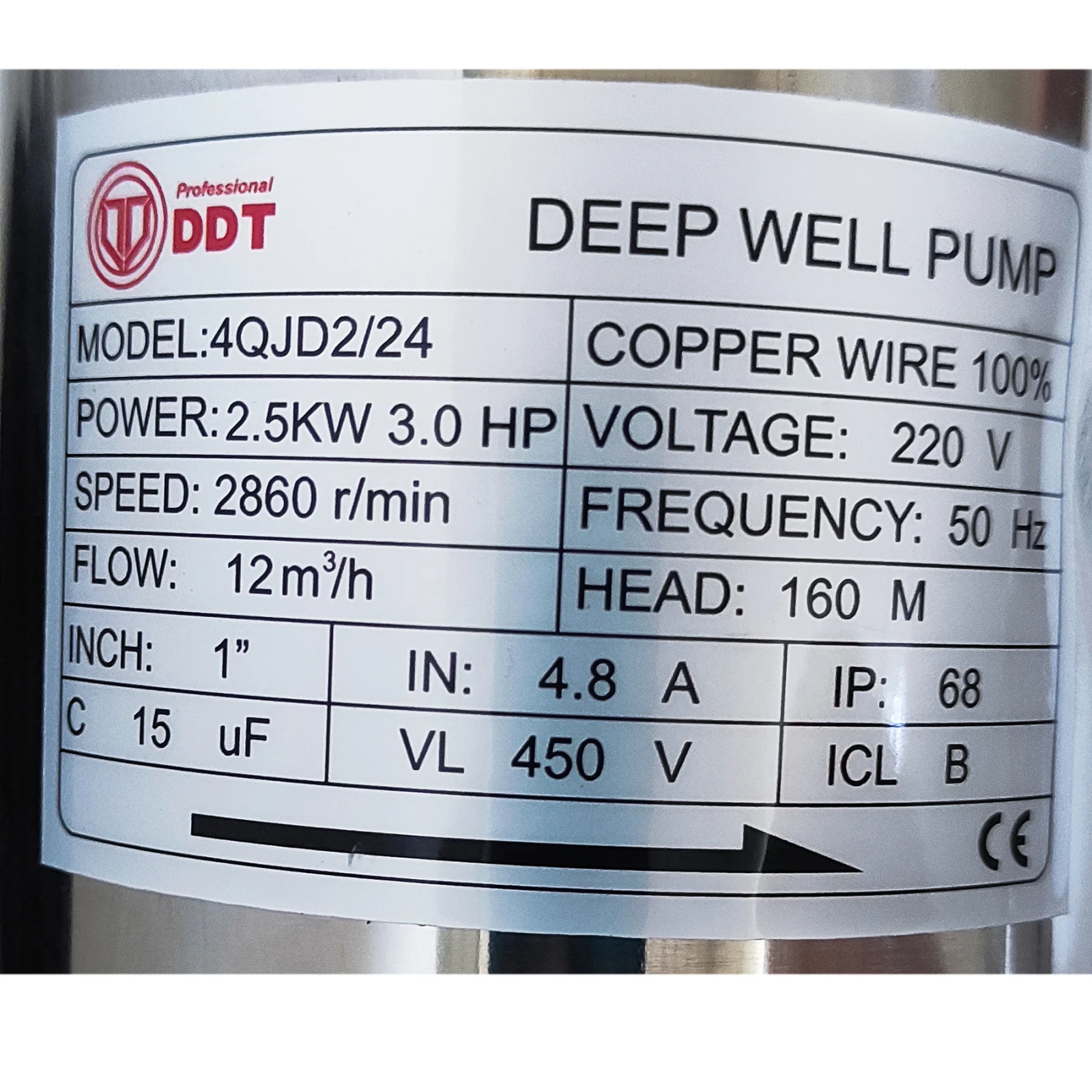Pompa submersibila de adancime, apa curata, 24 turbine, cupru, cablu 30m, 2000W, 12 m³/h, 1" tol, DDT 4QJD2-24 [3]