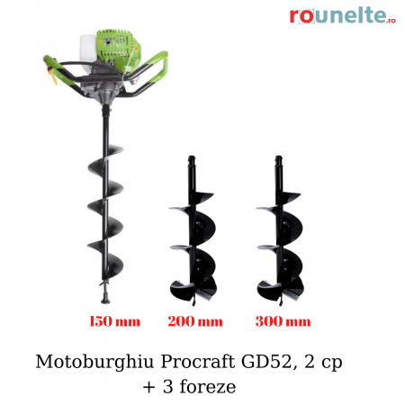 Motoburghiu/Foreza pamant - Motoburghiu pe benzina, foreza pentru pamant, Procraft GD 52, 2 cp + 3 burghie incluse (150,200,300 mm)