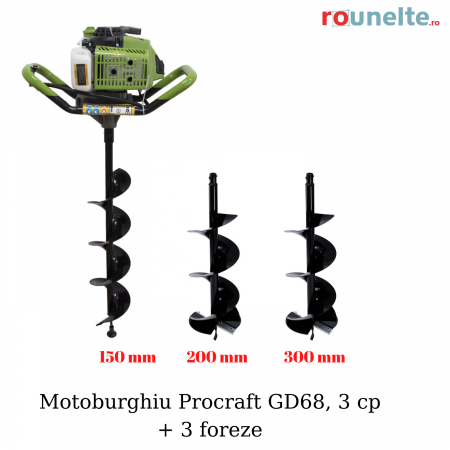 Motoburghiu/Foreza pamant - Motoburghiu pe benzina, foreza pentru pamant, Procraft GD 68, 3 cp + 3 burghie incluse (150,200,300 mm)