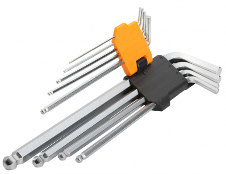 Chei fixe & reglabile - Set de 9 chei imbus hexagonale cu brat extra-lung si varf sferic Cr-V , Tolsen  20054