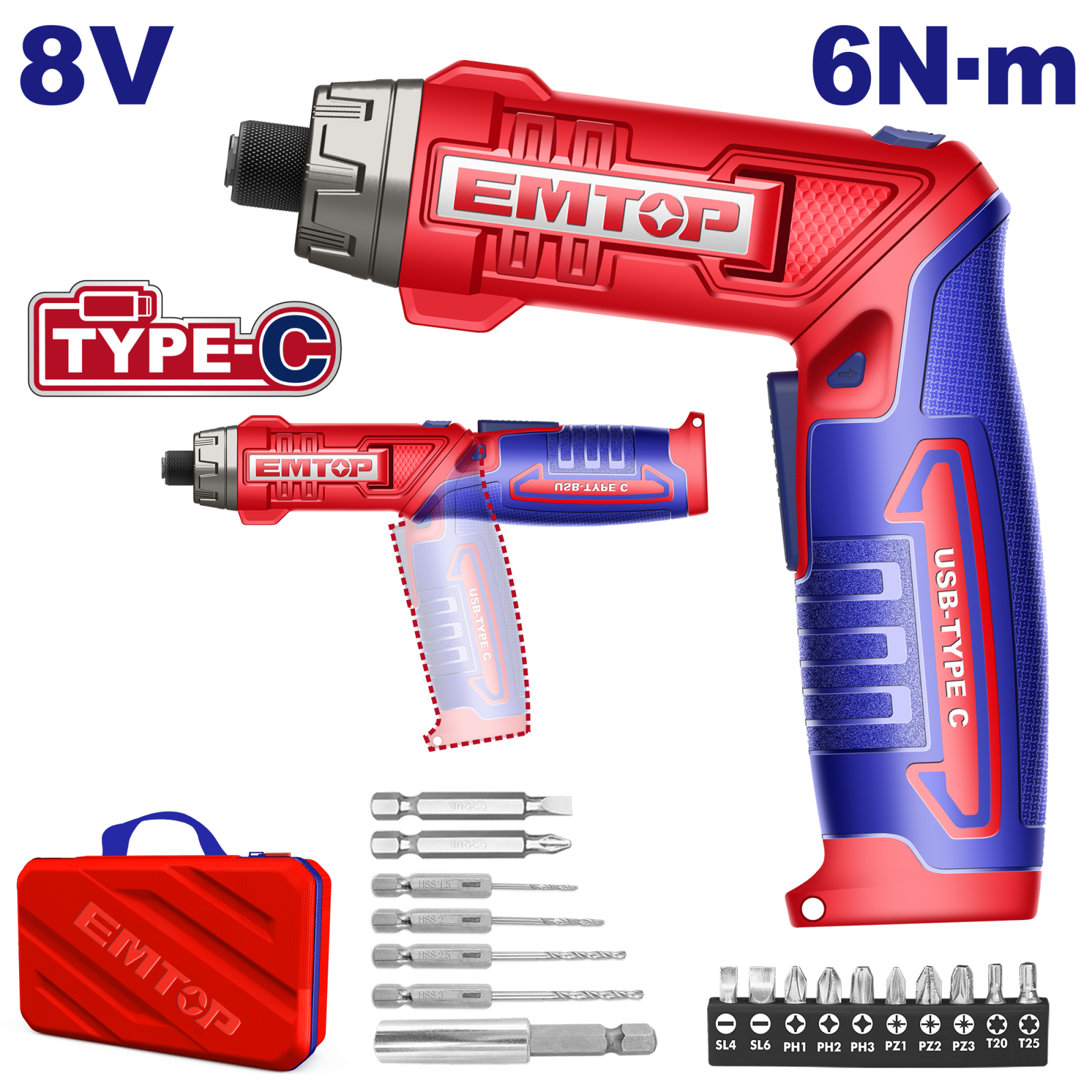 Clesti Pentru Nituri - Surubelnita electrica, 8V, incarcator USB/Tip C, 6Nm, maner reglabil, 17 accesorii, geanta, ECSR0803 EMTOP