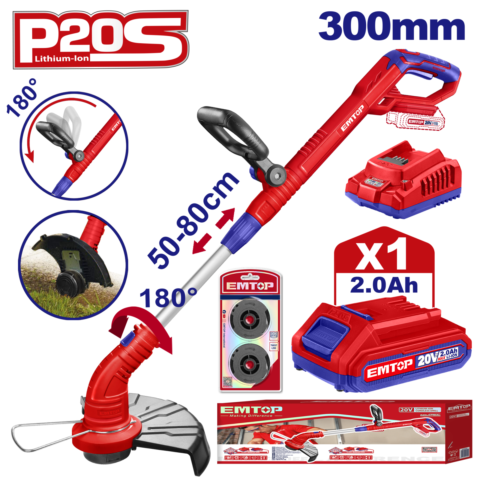 Intretinerea Gazonului - Trimmer cu acumulator, 20V, 2.0Ah, Li-ION, maner extensibil, 300mm, 8200Rpm, EMTOP
