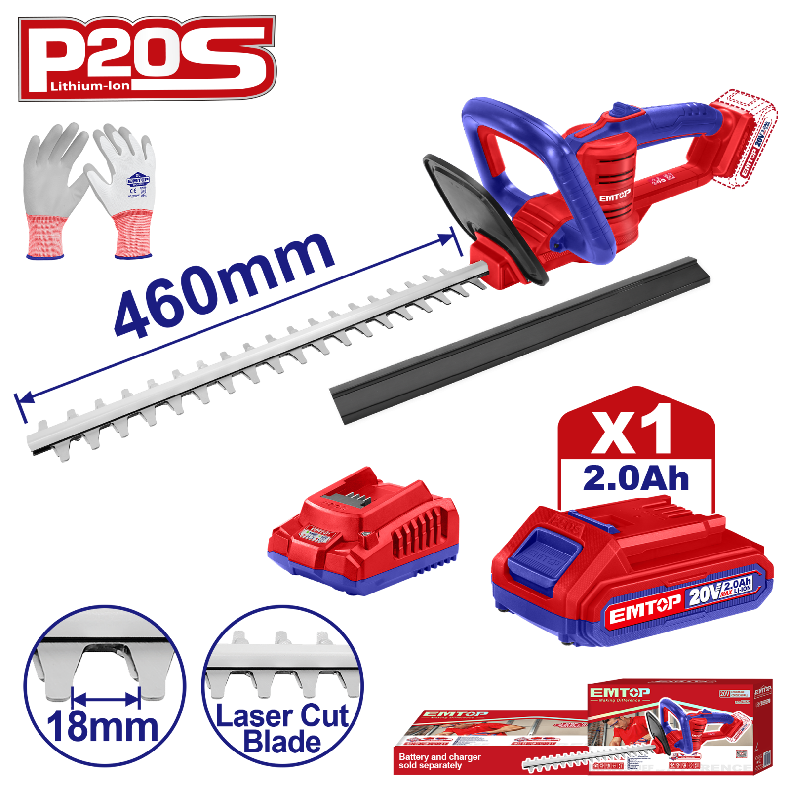Intretinerea Gazonului - Trimmer electric, gard viu, acumulator 20V, 2.0Ah, Li-ION, manusi, lama 460mm, ELHT204611 EMTOP