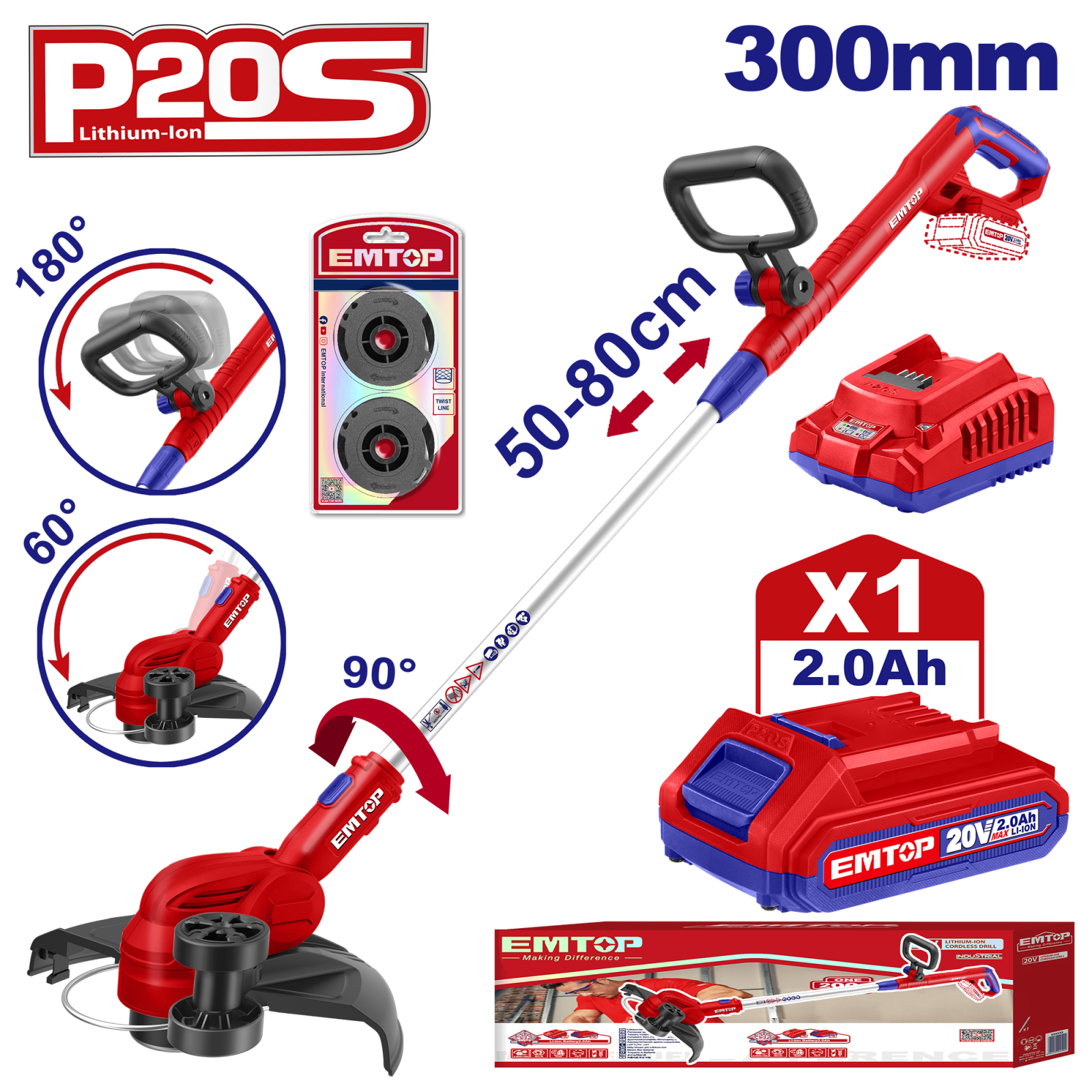 Intretinerea Gazonului - Trimmer electric, gazon, cu acumulator 20V, 2.0 Ah, Li-ION, 300mm, extensibil, ELGT203285 EMTOP